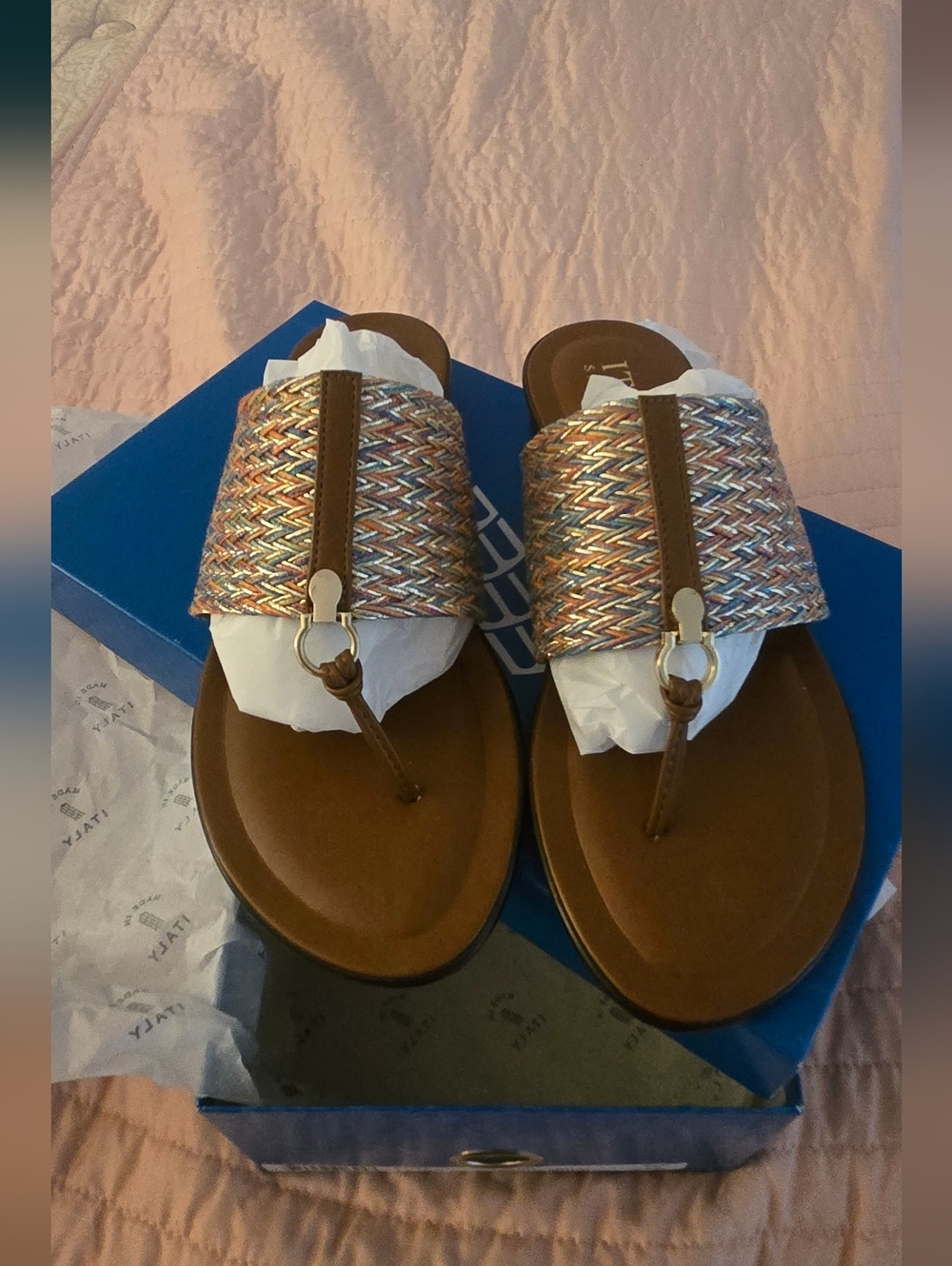 Italian Shoemakers Brown Leather Thong Sandals with Multicolor Woven Strap